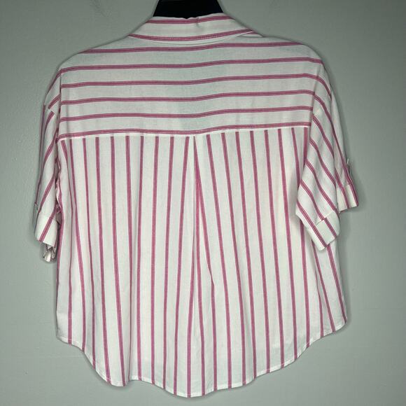 Velvet Hearts Linen Camp Shirt Womens L Stripe Short Sleeve Button Up Preppy - Picture 7 of 10